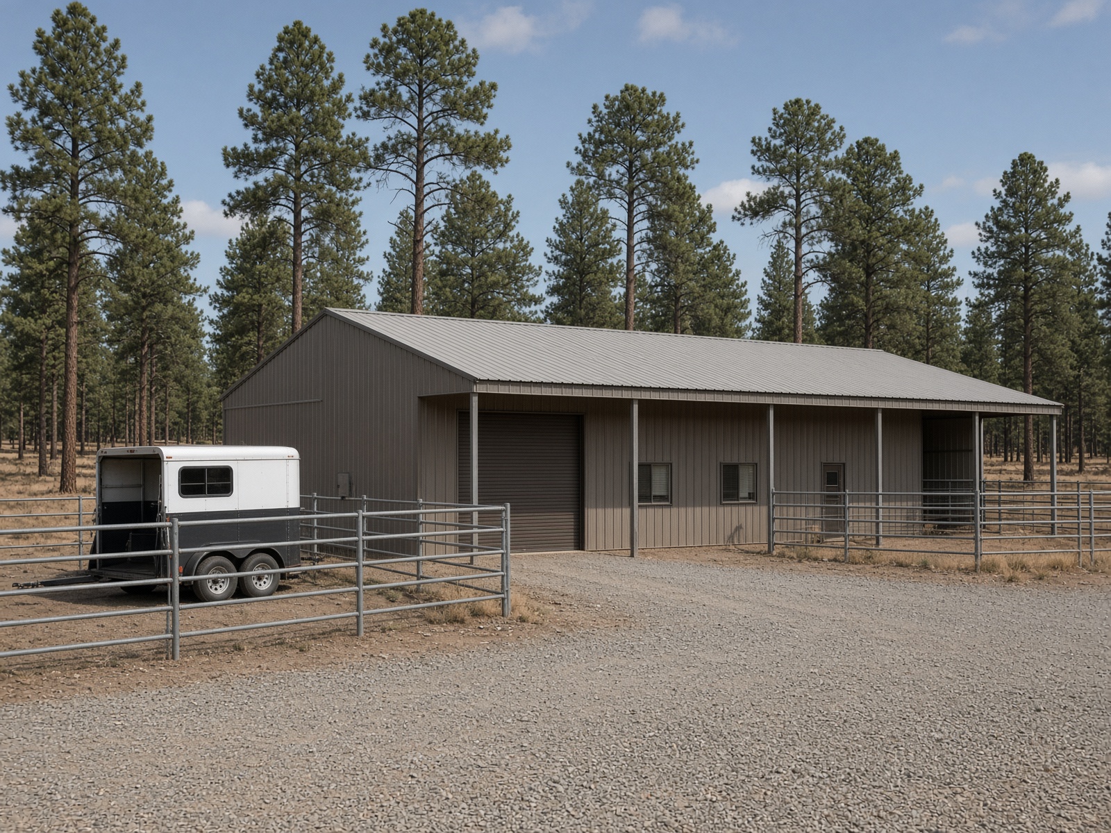 Rural ranch shop building with a metal roof