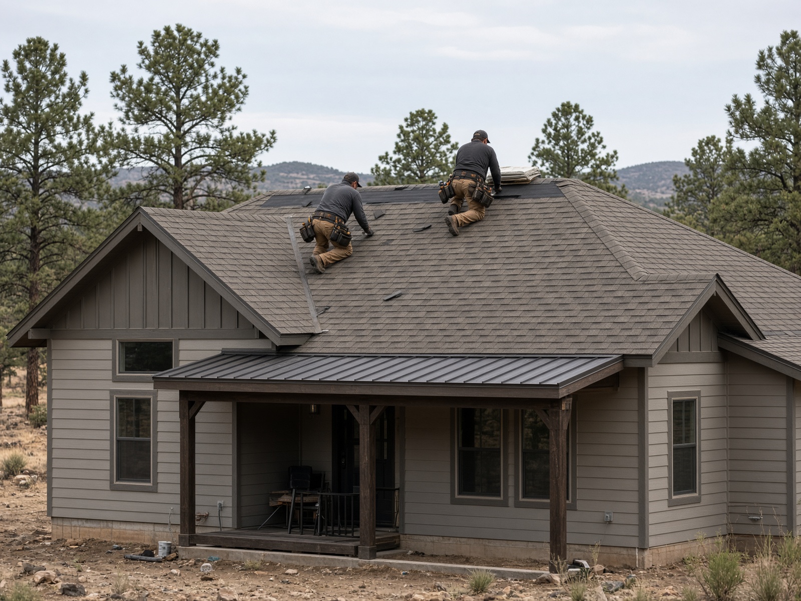 Roofing crew installing shingles on a country ranch house