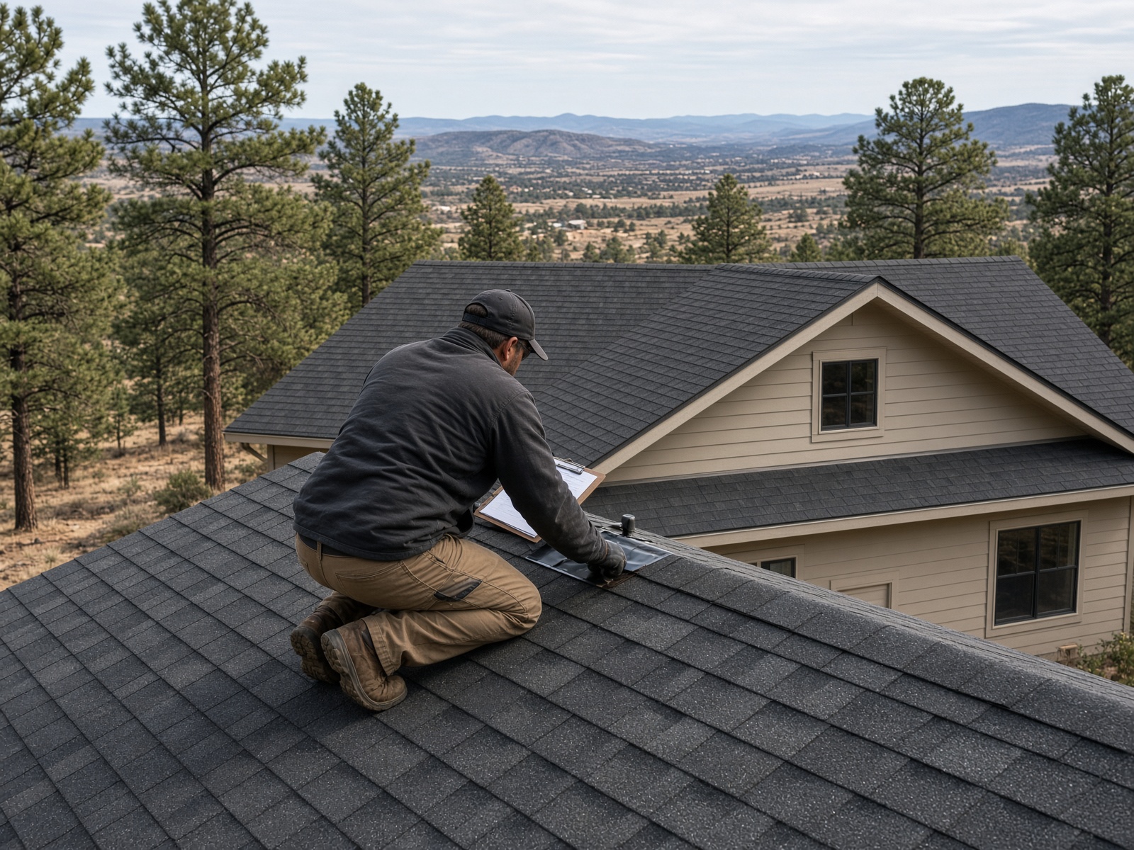 Roofing contractor inspecting shingles on a country ranch roof