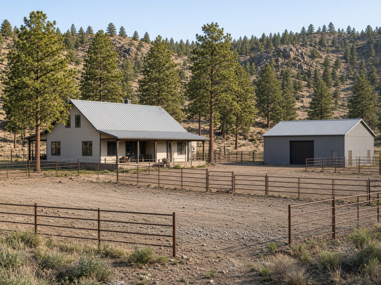 Country house and barn with ribbed metal roofs on acreage