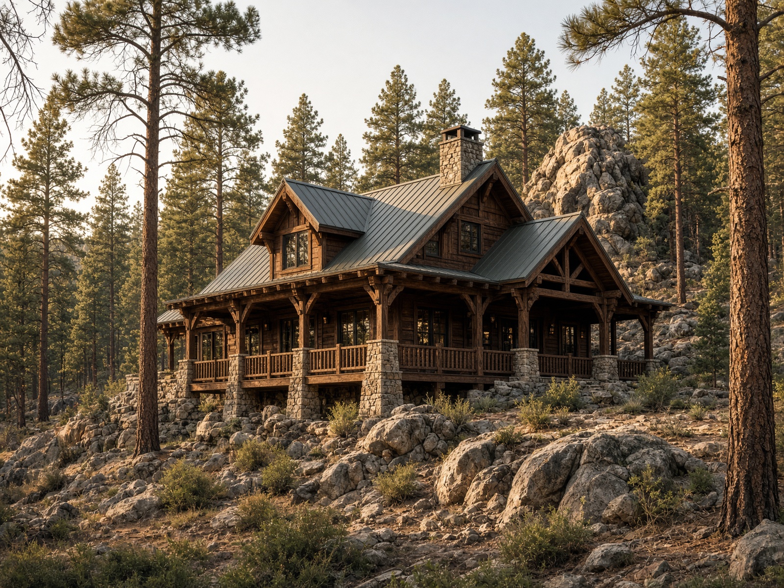 High-country ranch house with a standing-seam metal roof in the pines