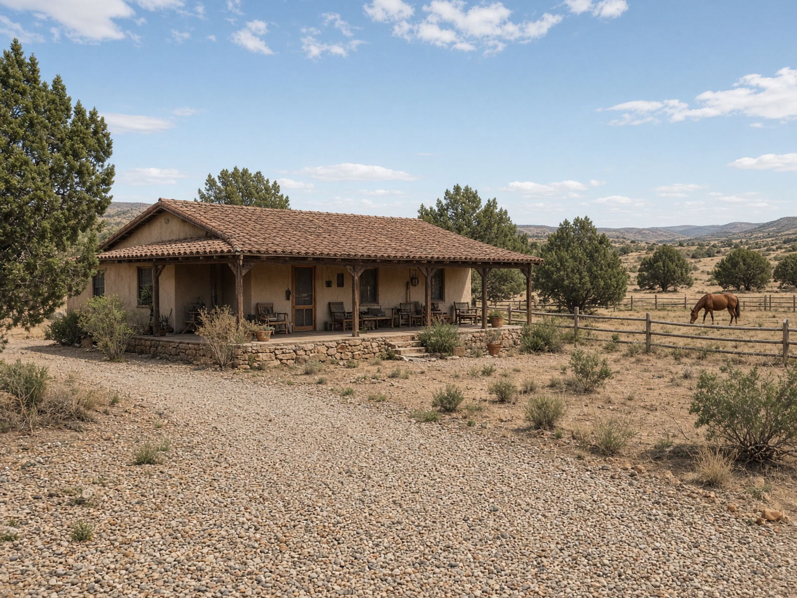 Country ranch house with a clay tile roof and horse pasture